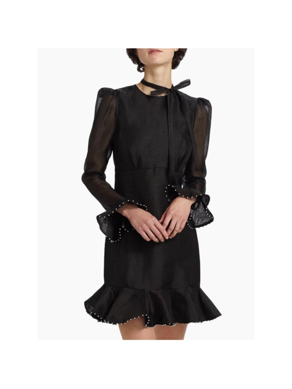 Zimmermann Black Tie-Neck Mini Dress with Ruffle Hem